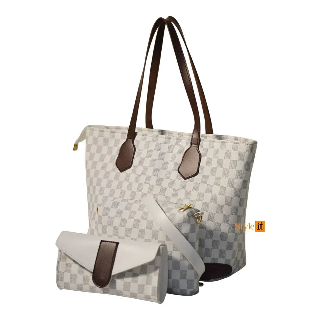 White and Chocho Brown Contrast 3 pcs Checkered tote bag My Store