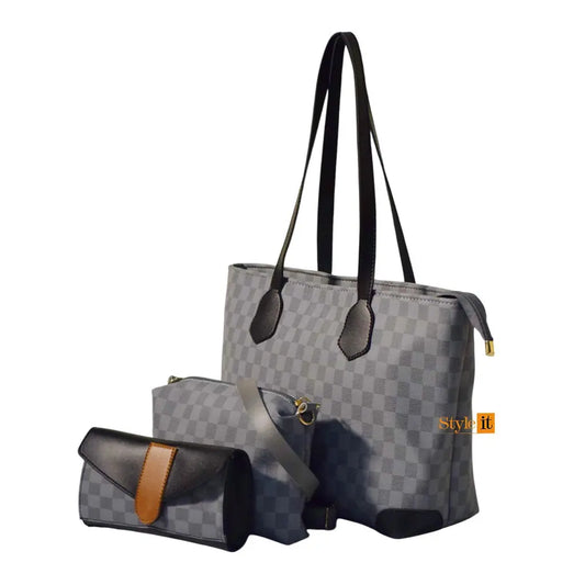 Grey Check with Black Contrast Checkered tote bag My Store